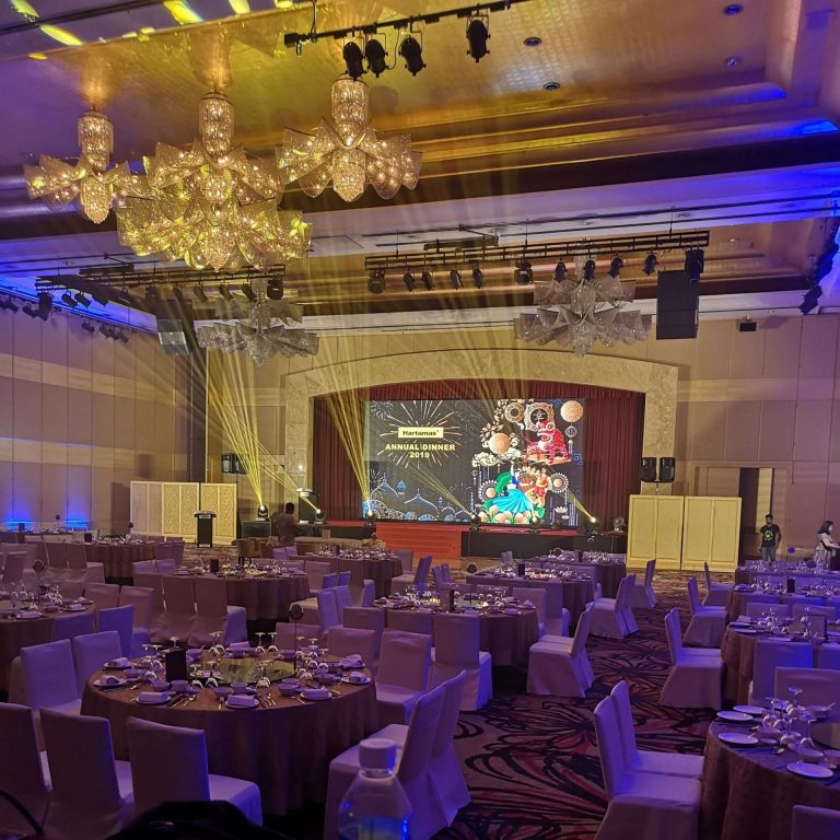 A spacious banquet room arranged with tables and chairs for the Hartamas Annual Dinner 2019.